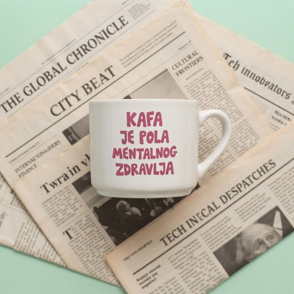 Bela šoljica sa roze natpisom Kafa je pola mentalnog zdravlja